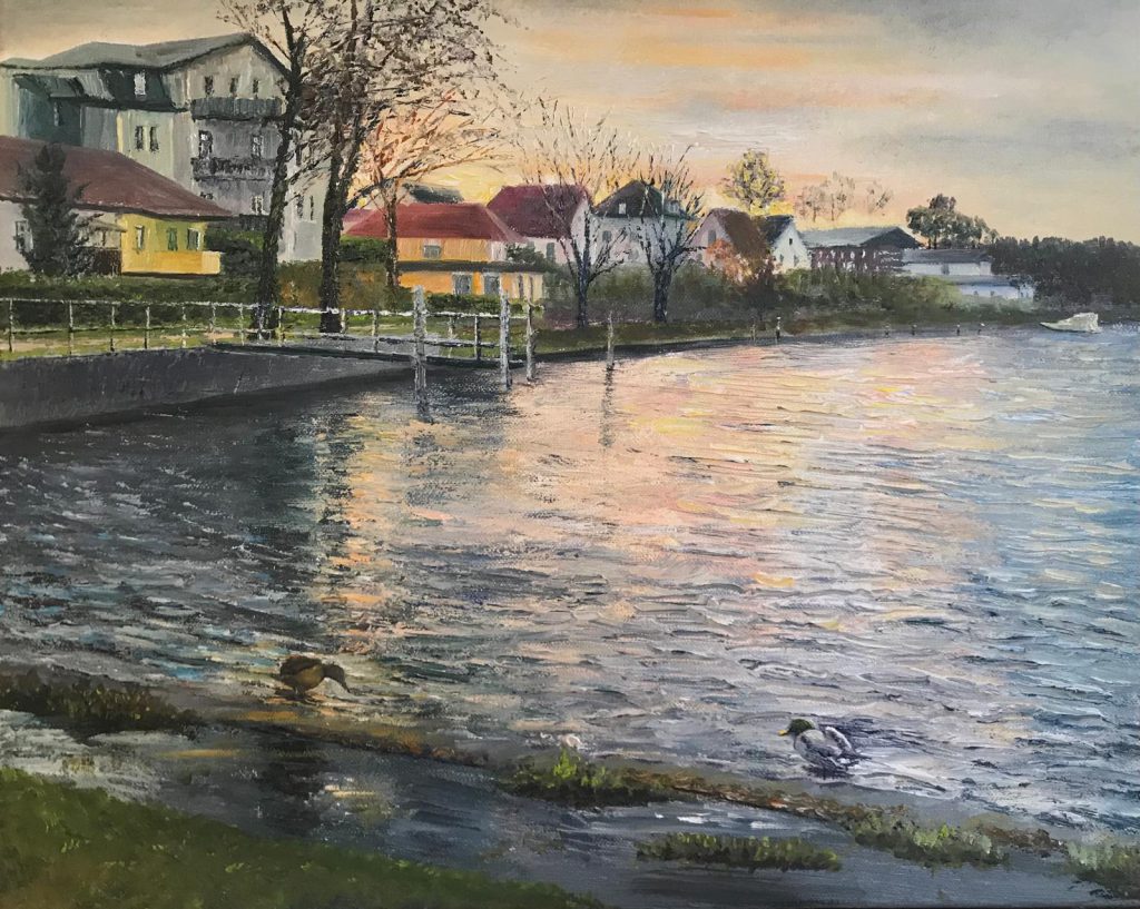 Gemalte Landschaft mit Häusern am Ufer eines Sees