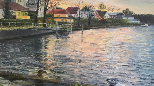 Gemalte Landschaft mit Häusern am Ufer eines Sees